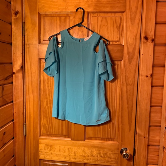 blue open shoulder michael kors blouse - Picture 2 of 3
